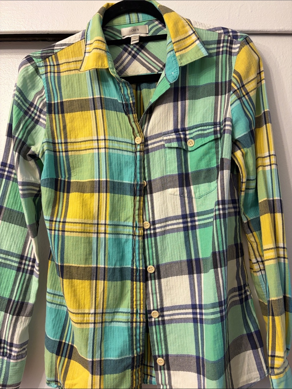 J. Crew Mint Green and Yellow Plaid Button-Down Shirt